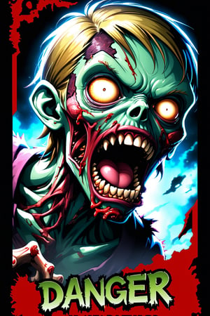 (masterpiece), (best quality), (very detailed), (high resolution), (perfect image quality), (video game style image), (perfect lighting), (cute colors), frame add bold text "Danger " complex zombie apocalypse add name Premium anime card "Danger" Authenticated cardstock 14PT impressive images of a zombie devouring, beautiful black background, red edges - chaos 90 --testpfx
,more detail XL