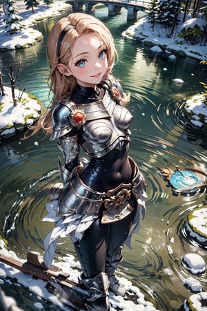 
very good quality image, high resolution, best quality image, with a state-of-the-art image, 1girl, lux from league of legends, full body, only, armor, breastplate, jumpsuit, gloves, white gloves, (flat breasts: 1.2),arm behind back, outdoors,(frozen river),skating on ice,snow,smiling,looking at viewer