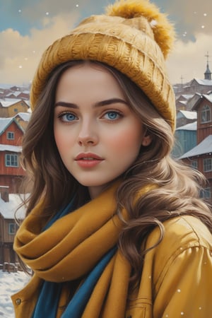 (best quality), (UHQ, 8k, high resolution), (masterpiece), (unsurpassed image quality), a beautiful girl with eastern European features, serious face with a beautiful and cute face, blue eyes, bright eyes , shiny skin, long natural hair, wearing a yellow wool scarf with a yellow wool hat, a brown jacket, walking through a snowy port town in the middle of the day with several houses painted in different colors, cowboy style photo
, in the style of esao andrews