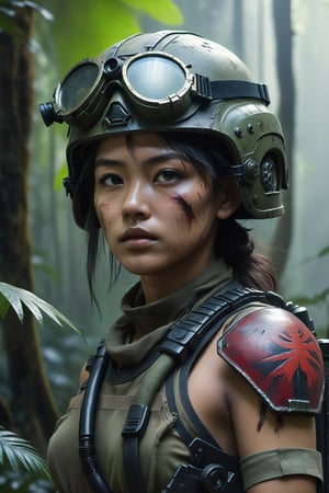 create a hyper-realistic image of a girl from the front with a perfect cyberpunk style, (8K, raw photo, maximum quality, masterpiece: 1.2), ((upper body)), create a hyper-realistic image of a beautiful girl with features Asian woman who is a combat medic who wears a military badge walking through a dense jungle full of danger and destruction, her face is painted with combat paint, (combat helmet equipped with night vision goggles that allows her to move through that dangerous land),
, in the style of esao andrews