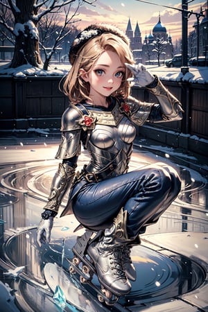 
(masterpiece, best quality, high quality, intricate details, beautiful, aesthetic: 1.2), high quality, 8k, raw, ultra details, extremely delicate and beautiful, smile, 1 girl, League of Legends Lux, full body, hat, Russian ushanka, alone, armor, breastplate, overalls, gloves, white gloves, (flat breasts: 1.2), arm behind, outdoors, night, frozen river, snow, skates, ((ice skating)), looking at viewer