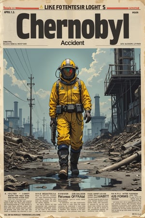 (creates a clipping from an old, worn newspaper 1.3), (large title, Chernobyl Accident :1.3), (medium title, April 26, 1986: 1.1), (yellow radiation suit, liquidator 1.2), (a small robot debris removal), (full body: 1.3), distant view, gray and contaminated landscape, destroyed nuclear power plant, death and destruction everywhere, (flares, direct light, two-color lighting: 1.3), (legal notices below: 1.2 ),
