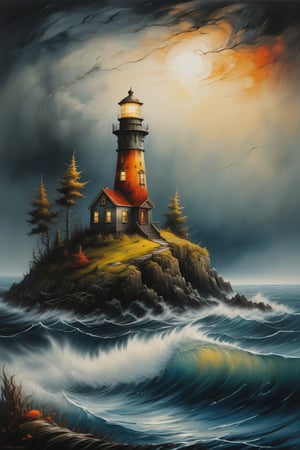 (best quality), (UHQ, 8k, high resolution), (masterpiece), (ultra detailed), (unbeatable image quality), creates a beautiful and fascinating image of a lonely island in the middle of the ocean with a beautiful lighthouse colors surrounded by trees and vegetation in the middle of a terrible storm with the ocean raging,
, in the style of esao andrews