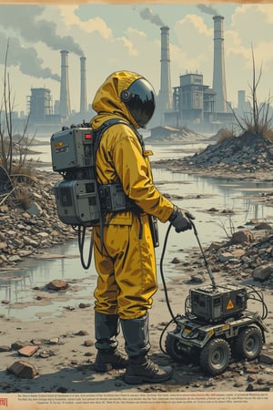 (creates a clipping of an old newspaper 1.3), (large title, Chernobyl Accident April 26, 1986: 1.3), (yellow radiation suit, liquidator 1.2), (a small debris removal robot), (full body : 1.3), distant view, gray and polluted landscape, destroyed nuclear power plant death and destruction everywhere, (flares, direct light, two-tone lighting: 1.3), (legal notices at the bottom: 1.2),
