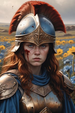 creates a beautiful representation of a warrior girl from medieval times, hyperrealism (8K, raw photo, maximum quality, masterpiece: 1.2), real skin texture, ((staring at the viewer)),(off face), ( lost look), (wavy red hair), (long hair), (hair movement),((Roman Centurion Helmet with front plume)),red cape,cape movement, warrior armor, (full armor), beautiful gradient and detailed background, on a day of gray gloom surrounding the entire battlefield, (standing on a great plain of blue flowers stained with blood and destruction on a horrible day of death),
, in the style of esao andrews