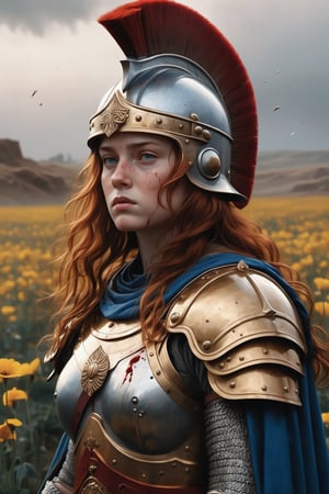 creates a beautiful representation of a warrior girl from medieval times, hyperrealism (8K, raw photography, maximum quality, masterpiece: 1.2), real skin texture,(full body), ((staring at the viewer)),( dull face), (lost look), (wavy red hair), (long hair), (hair movement), ((Roman Centurion helmet with front plume)), red cape, cape movement, warrior armor, (armor full), beautiful gradient and detailed background, (on a day of gray gloom surrounding the entire battlefield), (standing on a large plain of blue flowers stained with blood and destruction on a horrible day of death),
, in the style of esao andrews