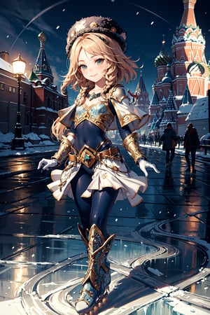 (masterpiece, best quality, high quality, intricate details, beautiful, aesthetic: 1.2), high quality, 8k, raw, ultra details, extremely delicate and beautiful, smile, 1 girl, League of Legends Lux, full body,(( hat, Russian ushanka)), alone, armor, cuirass, overalls, gloves, white gloves, (flat chests: 1.2), arm behind, outdoors, night, frozen river, snow, skates, ((ice skating)), looking at the viewer
