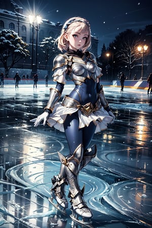very good quality image, high resolution, best image quality, with a state-of-the-art image, 1 girl, league of legends lux, full body, alone, armor, cuirass, jumpsuit, gloves, white gloves, (flat breasts: 1.2), arm behind back, outdoors, night, frozen river, snow, skates, ((ice skating)), looking at viewer