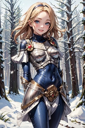 very good quality image, high resolution, best quality image, with a state-of-the-art image, 1girl, lux from league of legends, solo, armor, breastplate, jumpsuit, gloves, white gloves, (flat breasts: 1,2 ),arm behind back, outdoors,forest,snow,smiling, looking at viewer