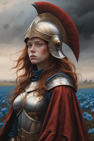 creates a beautiful representation of a warrior girl from medieval times, hyperrealism (8K, raw photo, maximum quality, masterpiece: 1.2), real skin texture, ((staring at the viewer)),(off face), ( lost look), (wavy red hair), (long hair), (hair movement), ((praetorian helmet)), red cape, cape movement, warrior armor, (full armor), beautiful gradient and detailed background, On a day of gray gloom surrounding the entire battlefield, (standing on a great plain of blue flowers stained with blood and destruction on a horrible day of death),
, in the style of esao andrews