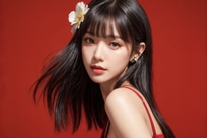 1girl, solo, long hair, looking at viewer, bangs, short black hair, hair ornament, closed mouth, upper body, hair flower, sexy hiphop clothes, red background, black eyes, lips, sash, realistic, wearing headphones