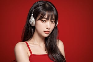 1girl, solo, long hair, looking at viewer, bangs, short black hair, hair ornament, closed mouth, upper body, hair flower, sexy hiphop clothes, red background, black eyes, lips, sash, realistic, wearing headphones