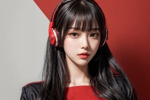 1girl, solo, long hair, looking at viewer, bangs, short black hair, hair ornament, closed mouth, upper body, hair flower, sexy hiphop clothes, red background, black eyes, lips, sash, realistic, wearing headphones