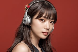 1girl, solo, long hair, looking at viewer, bangs, short black hair, hair ornament, closed mouth, upper body, hair flower, sexy hiphop clothes, red background, black eyes, lips, sash, realistic, wearing headphones