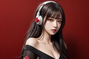 1girl, solo, long hair, looking at viewer, bangs, short black hair, hair ornament, closed mouth, upper body, hair flower, sexy hiphop clothes, red background, black eyes, lips, sash, realistic, wearing headphones