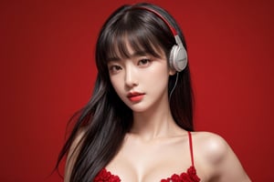 1girl, solo, long hair, looking at viewer, bangs, short black hair, hair ornament, closed mouth, upper body, hair flower, sexy hiphop clothes, red background, black eyes, lips, sash, realistic, wearing headphones