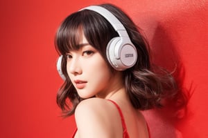 1girl, solo, long hair, looking at viewer, bangs, short black hair, hair ornament, closed mouth, upper body, hair flower, sexy hiphop clothes, red background, black eyes, lips, sash, realistic, wearing headphones