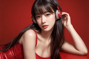 1girl, solo, long hair, looking at viewer, bangs, short black hair, hair ornament, closed mouth, upper body, hair flower, sexy hiphop clothes, red background, black eyes, lips, sash, realistic, wearing headphones