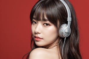 1girl, solo, long hair, looking at viewer, bangs, short black hair, hair ornament, closed mouth, upper body, hair flower, sexy hiphop clothes, red background, black eyes, lips, sash, realistic, wearing headphones