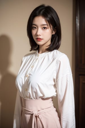 (best quality,4k,8k,highres,masterpiece:1.2),ultra-detailed,(realistic,photorealistic,photo-realistic:1.37),portrait, mid-twenty woman, 22 years old, white blouse, black coat, black pants, medium dark red bob hair, fair skin, red eyes, soft pink lips, curvy, hourglass-shaped figure, large breasts, waist-up, bright and warm tone, soft lighting