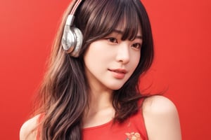 1girl, solo, long hair, looking at viewer, bangs, short black hair, hair ornament, closed mouth, upper body, hair flower, sexy hiphop clothes, red background, black eyes, lips, sash, realistic, wearing headphones