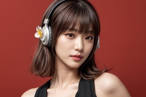 1girl, solo, long hair, looking at viewer, bangs, short black hair, hair ornament, closed mouth, upper body, hair flower, sexy hiphop clothes, red background, black eyes, lips, sash, realistic, wearing headphones