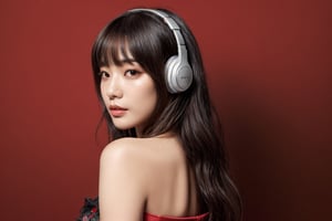 1girl, solo, long hair, looking at viewer, bangs, short black hair, hair ornament, closed mouth, upper body, hair flower, sexy hiphop clothes, red background, black eyes, lips, sash, realistic, wearing headphones