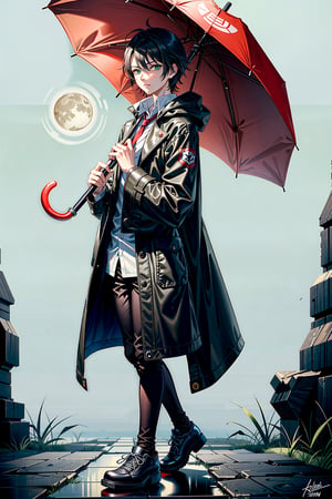 umbrella,hand holding umbrella,RiseliaRayHighly detailed, high quality, beautiful masterpiece, whole, ,Hajime_Saitou 1boy, black hair, green and white hightlights, eyes open, left white and right green, alone, holding black katana, night, moon, black and green large coat, nike shoes,FushimiSaruhiko