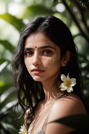 fashion photography portrait of indian girl with black long hair, in lush jungle with flowers, 3d render, cgi, symetrical, octane render, 35mm, bokeh, 9:16, (intricate details:1.12), hdr, (intricate details, hyperdetailed:1.15), (natural skin texture, hyperrealism, soft light, sharp:1.2), detailed, sunlight passing through foliage, india