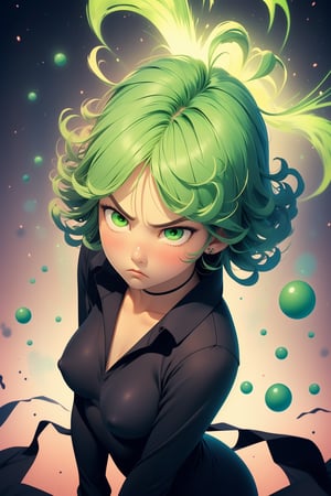 (masterpiece),1 girl, (top view), alone, tatsumaki, (upper body portrait), ((a bright green aura covers her entire body)), short hair, looking at viewer, (black dress ), (bright eyes),((small breasts)),((symmetrical breasts)), thick thighs, (blush),((serious face)),((disappointed look)),long sleeves,( levitating in the air ), cowboy style photo,
,portrait