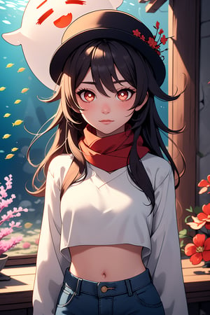 (best quality), (UHQ, 8k, high resolution), (masterpiece), 1 girl, standing, alone, (normal face), blushing, (front facing walking through a beautiful aquarium), ((upper body )), long hair, breasts, looking at viewer, bangs,((long-sleeved yellow crop top)),(dark blue jeans),(red scarf),brown hair, red eyes, hair between eyes, two stories , very long hair, flower, symbol-shaped pupils, red flower, (many ghosts of different types and sizes), hat flower, flower-shaped pupils, plum blossoms, hu tao\ (genshin impact\), boo tao\(genshin impact\)
,(lora:hutao1-000009:1),light