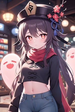 (best quality), (UHQ, 8k, high resolution), (masterpiece), 1 girl, standing, alone, (normal face), blushing, (front facing walking through a beautiful shopping center), ((top of body)), long hair, breasts, looking at viewer, bangs,((long-sleeved yellow crop top)),(dark blue jeans),(red scarf),brown hair, red eyes, hair between eyes, two flats, very long hair, flower, symbol-shaped pupils, red flower, (many ghosts of different types and sizes), hat flower, flower-shaped pupils, plum blossoms, hu tao\ (genshin impact\), boo tao\(genshin impact\)
,(lora:hutao1-000009:1),light