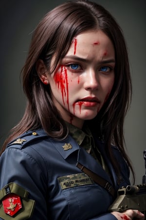 
((good quality image))((full hd))((beautiful face))((ultra realistic image)), (portrait of bloody face, with blood on the face, bleeding, epic, blood dripping),1girl, front view, waist-high image, ((holding assault rifle))((military uniform)), rifle, trigger discipline, blue eyes, long hair, brown hair, medium chest, weapon