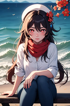 (best quality), (UHQ, 8k, high resolution), (masterpiece), 1 girl, standing, alone, (normal face), blushing, (sitting on a pier with her feet submerged in the sea a crystal-clear sea and beautiful),((upper body)), long hair, breasts, looking at viewer, bangs,((beautiful loose beach shirt)),(dark blue jeans),(red scarf),brown hair, red eyes, hair between eyes, two stories, very long hair, flower, symbol-shaped pupils, red flower, hat lor, flower-shaped pupils, plum blossoms, hu tao\ (genshin impact\), boo tao \(genshin impact\)
,(lora:hutao1-000009:1),light