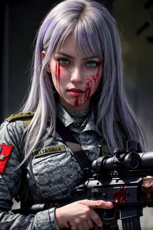 ((good quality image))((full hd))((beautiful face))((ultra realistic image)), portrait of bloody face, with blood on the face, bleeding, epic, blood dripping,((1girl, holding a rifle aiming an assault rifle))((military uniform)), rifle, trigger discipline,(eyes with ((heterochromia)), right eye blue-green, other eye is violet long hair, white hair, chest medium weapon