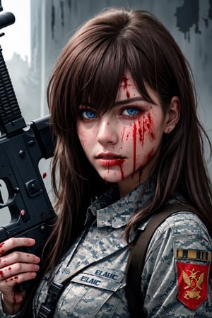 ((good quality image))((full hd))((beautiful face))((ultra realistic image)), (portrait of bloody face, with blood on the face, bleeding, epic, dripping blood),(( 1girl, holding a rifle aiming an assault rifle))((military uniform)), rifle, trigger discipline, blue eyes, long hair, brown hair, medium chest, gun