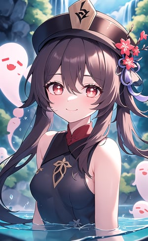 (best quality), (UHQ, 8k, high resolution), 1 girl, standing, alone, ((facing forward leaning forward)), long hair, breasts, looking at viewer, blushing, (smiles),((portrait upper body)),(arms behind head),(swimsuit), bangs, brown hair, red eyes, hair between eyes, two stories, very long hair, flower, symbol-shaped pupils, red flower , ((surrounded by cute ghosts)), hat flower, flower-shaped pupils, plum blossoms, (in a beautiful river of crystal clear water with a beautiful waterfall in the background), (extremely crystal clear water), hu tao\ ( genshin impact\), boo tao\(genshin impact\)
,(lora:hutao1-000009:1),light
