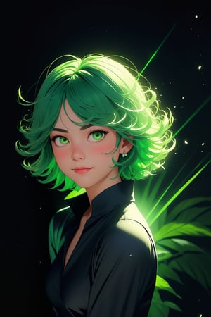 (masterpiece), (best quality), (next generation image quality), (unsurpassed image quality), full hd, 8k drive, volumetric lighting, (perfect image quality), (hyper-realistic image), (details ultra-sharp), (perfect details), 1 girl, (posing leaning against a wall), alone, tatsumaki, (upper body portrait), ((a bright green aura covers her entire body)), short hair, looking to the viewer, (black dress), (bright eyes), ((small breasts)), symmetrical breasts, thick thighs, (blushing), (embarrassed face), long sleeves, (a beautiful black background with green rays), photo style cowboy,
,portrait
