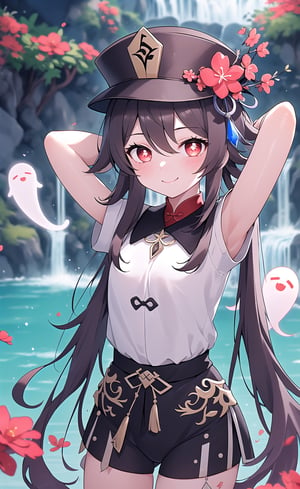 (best quality), (UHQ, 8k, high resolution), 1 girl, standing, alone, ((front view)), long hair, breasts, looking at viewer, blushing, (smiles),((portrait top of body)),(arms behind head), thongs with left hand, relaxation with right hand, bangs, brown hair, red eyes, hair between eyes, two stories, very long hair, flower, pupils in the shape of a symbol , red flower, ((surrounded by cute ghosts)), hat flower, flower-shaped pupils, plum blossoms, (in a beautiful river of crystal clear water with a beautiful waterfall in the background), (extremely crystal clear water), hu tao\ (genshin impact\), boo tao\(genshin impact\)
,(lora:hutao1-000009:1),light