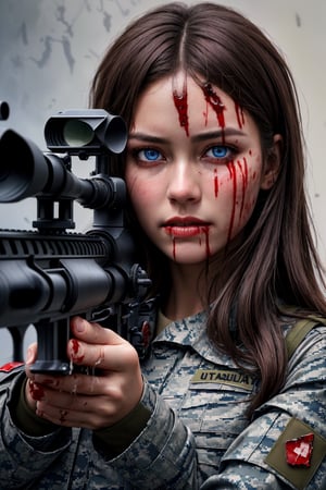 
((good quality image))((full hd))((beautiful face))((ultra realistic image)), (portrait of bloody face, with blood on the face, bleeding, epic, dripping blood),(( 1girl, holding a rifle aiming an assault rifle))((military uniform)), rifle, trigger discipline, blue eyes, long hair, brown hair, medium chest, gun