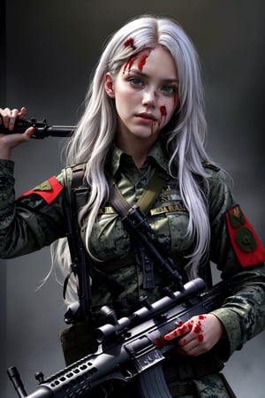 
((good quality image))((full hd))((beautiful face))((ultra realistic image)), portrait of bloody face, with blood on the face, bleeding, epic, blood dripping,((1girl, holding a rifle aiming an assault rifle))((military uniform)), rifle, trigger discipline, long hair, white hair,((heterochromia)), blue right eye, green left eye, medium chest, weapon