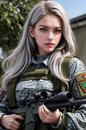
((good quality image))((full hd))((beautiful face))((ultra realistic image)),((1 girl, holding a rifle aiming an assault rifle, rifle, trigger discipline, body full, ((military uniform)), long hair, white hair, ((green eyes), medium chest, weapon