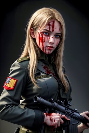
((good quality image))((full hd))((beautiful face))((ultra realistic image)), (portrait of bloody face, with blood on the face, bleeding, epic, blood dripping),1girl, (pose: front facing camera), waist-high image, ((holding an assault rifle))((military uniform)), rifle, trigger discipline, blue eyes, long hair, blonde hair, large chest, weapon