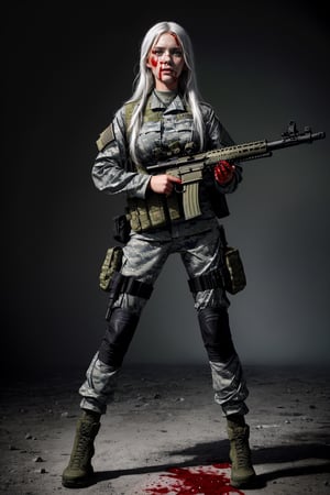 
((good quality image))((full hd))((beautiful face))((ultra realistic image)), portrait of bloody face, with blood on the face, bleeding, epic, blood dripping,((1girl, holding a rifle aiming an assault rifle))((military uniform)),((full body)), rifle, trigger discipline, long hair, white hair, ((green eyes), medium chest, weapon,bloodyface
