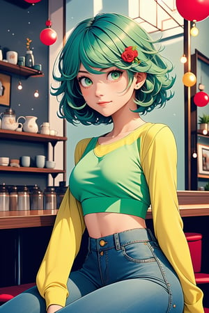 (masterpiece), (best quality),1 girl,(alone),((front)),(upper body), tatsumaki,small body,slim body,short hair, looking at viewer,(yellow crop top with red decorations), (long sleeves), (dark blue jeans), (green eyes), (bright eyes), ((symmetrical breasts)), ((small breasts)), (blushing), ((normal face) ,(sitting inside a cafe), cowboy style photo,
,portrait,light