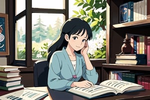 masterpiece, best quality, nice hands, perfect hands, 1girl, ghibli studio style,ghibli style.

butterflies, books, bookshelves, study table.

spring, positive things related to spring. 