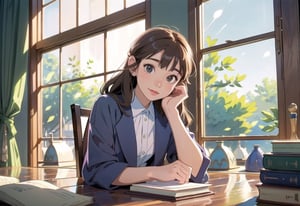 Best Quality, masterpiece, 8k wallpaper, (detailed girl:1.3), (detailed background:1.4), immaculate beauty, Ghibli studio, Ghibli studio style, 
Plants, books, winter, big windows, thin curtains, 

1 girl, best quality, soft smile, modern clothes,

A warm, bright afternoon light shines on the room where she is. She sits on a comfortable cushion and falls for a book and the figure is perfectly charming and beautiful.

Every book makes a perfect-shaped book. It only makes books that look horizontally.,interior,Beautiful Beach,md,1 girl,Bomi,pastelbg