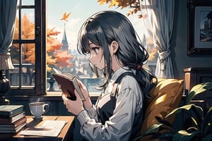 masterpiece, best quality, nice hands, perfect hands, 1girl, in_profile, pale, white skin, flat_chested, cozy, fall, autumn, coffee, falling leaves, window, sheer curtain, study table, evening, ghibli studio style,ghibli style, cinematic light, cinematic view, High detailed,Lofi, a soft smile,LinkGirl,kwon-nara

image, depict her in a unique pose that conveys her sense of adventure and enthusiasm. Create separate images for each pose, and make sure each one is set against a backdrop filled with the cosmic wonders of the universe, enhancing the vibrant atmosphere for each pose. These images should showcase the character's versatility and charm."girl sits on a comfortable cushion with a captivating book in her hands. Her large, expressive eyes reflect the words on the pages, and a soft smile plays on her lips as she gets lost in the world of the story. Her clothes are beautiful with shiny gold and silver.

The room around her is adorned with warm, orange light color, and the soft afternoon light gently spills onto the pages. She's surrounded by bookshelves filled with stories, creating an enchanting atmosphere perfect for a peaceful reading session.

As she turns the pages, the girl's curiosity and wonder come to life. The world of literature and the adventures within its pages are her cherished companions, making her reading moments truly magical."