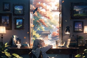 masterpiece, best quality, nice hands, perfect hands, 1girl, in_profile, pale, white skin, flat_chested, cozy, fall, autumn, coffee, falling leaves, window, sheer curtain, study table, evening, ghibli studio style,ghibli style, cinematic light, cinematic view, High detailed,Lofi, a soft smile,LinkGirl,kwon-nara

image, depict her in a unique pose that conveys her sense of adventure and enthusiasm. Create separate images for each pose, and make sure each one is set against a backdrop filled with the cosmic wonders of the universe, enhancing the vibrant atmosphere for each pose. These images should showcase the character's versatility and charm."girl sits on a comfortable cushion with a captivating book in her hands. Her large, expressive eyes reflect the words on the pages, and a soft smile plays on her lips as she gets lost in the world of the story. Her dress is neat and beautiful. The gold and silver-colored decorations are impressive.

The room around her is adorned with warm, orange light color, and the soft afternoon light gently spills onto the pages. She's surrounded by bookshelves filled with stories, creating an enchanting atmosphere perfect for a peaceful reading session. Golden lights or butterflies make space more beautiful.

As she turns the pages, the girl's curiosity and wonder come to life. The world of literature and the adventures within its pages are her cherished companions, making her reading moments truly magical."