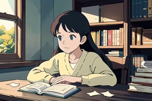 masterpiece, best quality, nice hands, perfect hands, 1girl, ghibli studio style,ghibli style.

butterflies, books, bookshelves, study table.

spring, positive things related to spring. 